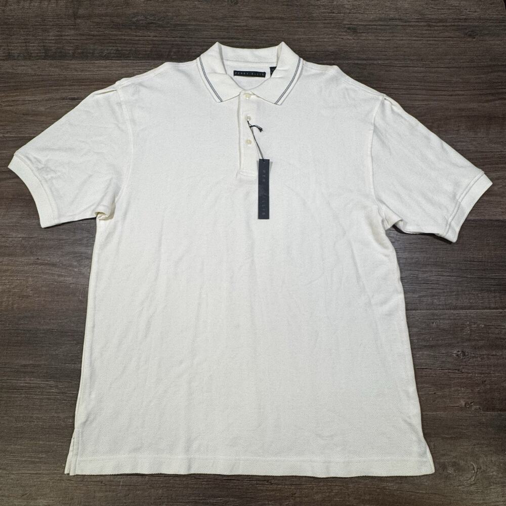 Vintage Perry Ellis Polo Shirt Men’s L Ivory Herringbone 100% Cotton NWT